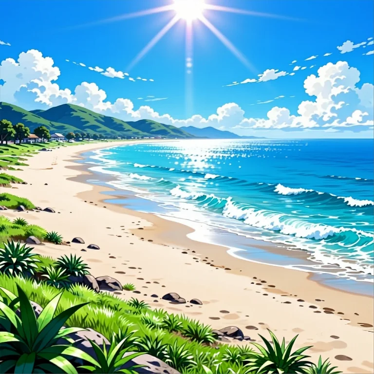 Anime Screencap, Seaside View, With Big Sandy Beach, Sunny,...
