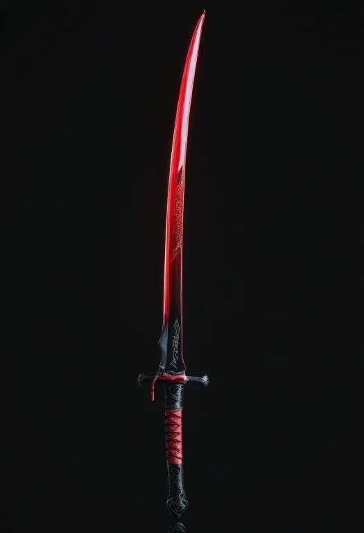A Curved Glass Katana, Black Steel, Red Handle, Indoors, Spo...