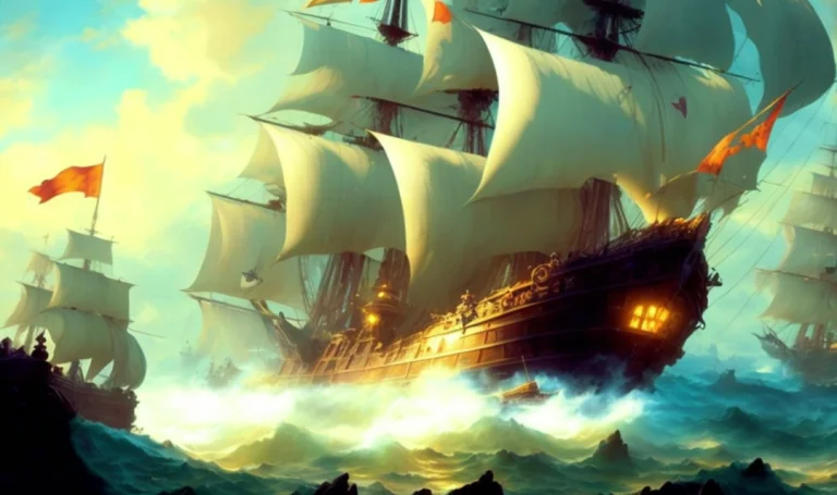 Pirate Ship In Middle Of Bad Rainy Weather , Detailed Oil Pa...