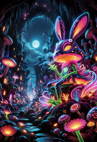 Create A Vertical Velvet Blacklight Poster In The Style Of 1... — SDXL AI Prompt: Create a vertical velvet blacklight poster in the style of 1970s psychedelic art...
