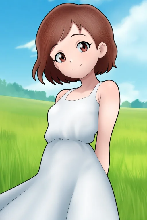 Zg4l3wd, 1girl, Solo, White Dress, Grassy Field, Looking At...