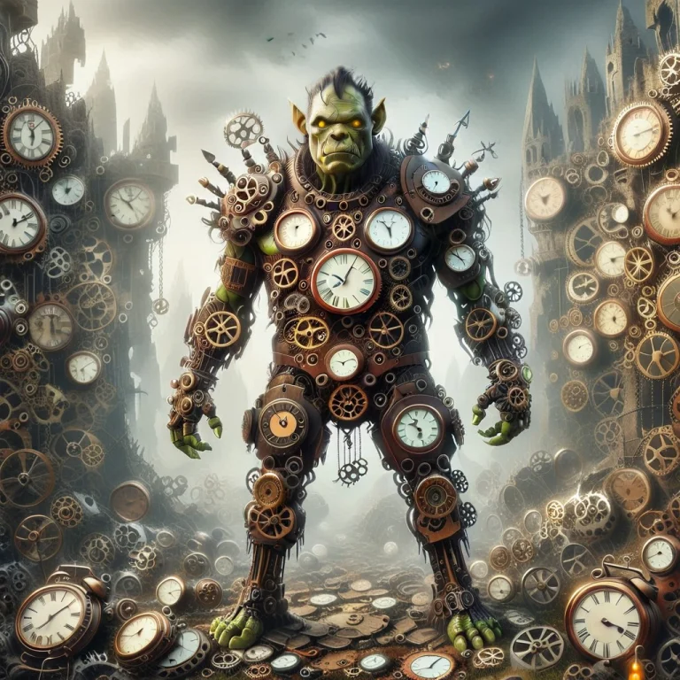 A Steampunk Orc Made Of Clocks, Emerging From A Ruined Fortr...