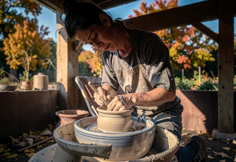 A Potter Shaping Clay On A Spinning Wheel, Raw Photo, Spotli...