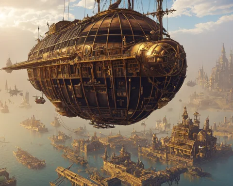 Steampunk Airship Flies Towards A Medieval Floating City — Stable Diffusion AI Prompt: steampunk airship flies towards a medieval floating city