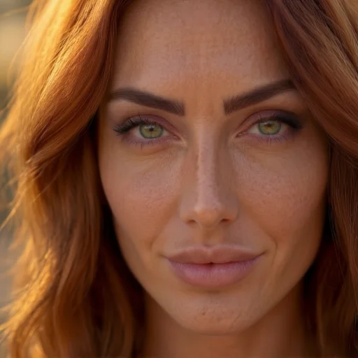 Ginevralex, Close-up Portrait, Direct Eye Contact, Warm Gold...