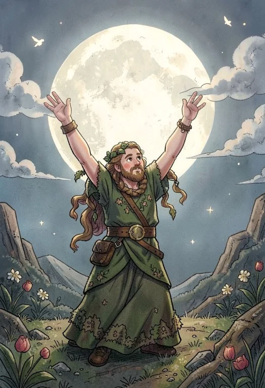 A Druid Raising Arms Beneath A Full Moon, Storybook Illustra...
