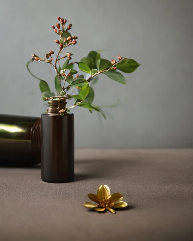 On A Gray Background Wall, A Bronze Bottle Is Placed On The...