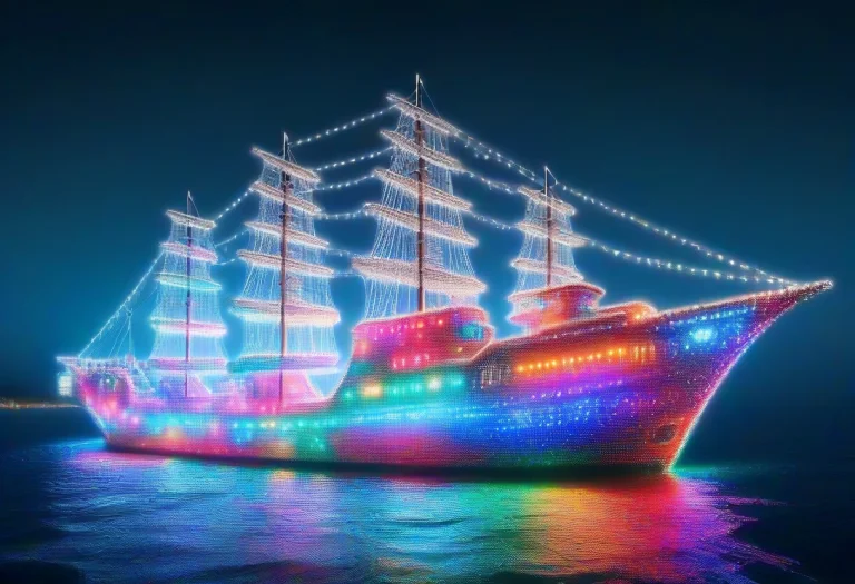 Ship Made Of Colorful Led Lights, Led, Ocean