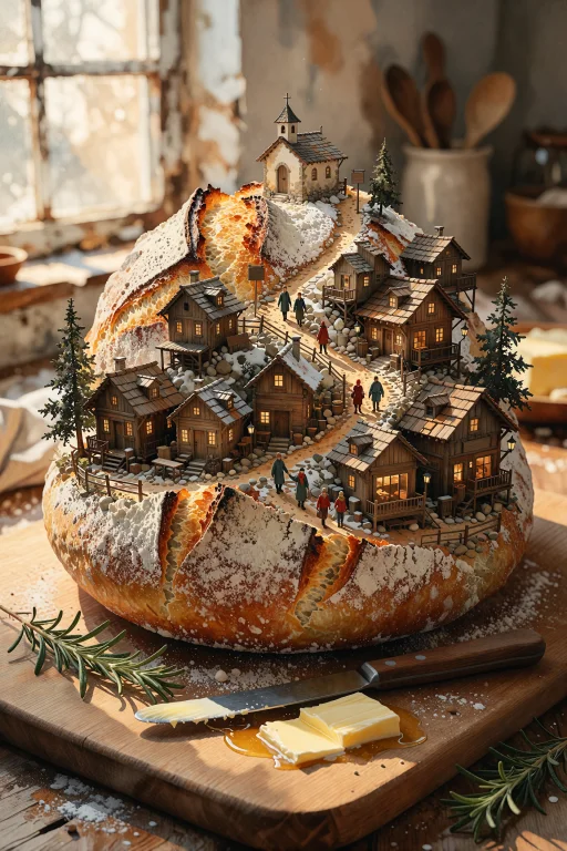 Bradhamel Art Style, A Round Rustic Sourdough Loaf On A Wood...