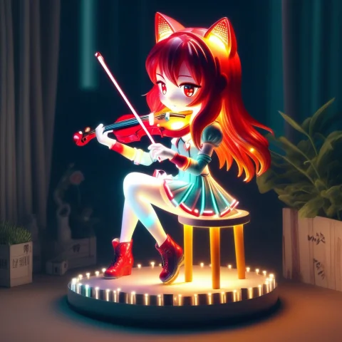 A 3d Chibi Anime Red Hair Cat Girl Playing Led, Colorful Led... — SDXL AI Prompt: a 3d chibi anime red hair cat girl playing LED, colorful LED lights violin