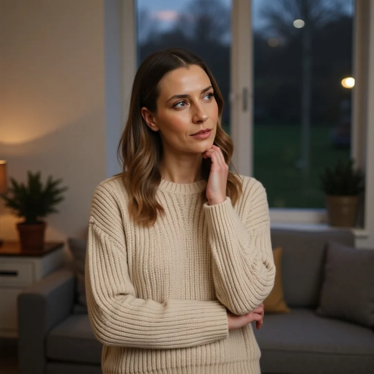 Gabrielle In A Cream Colored Cashmere Sweater Indoors At Dus...