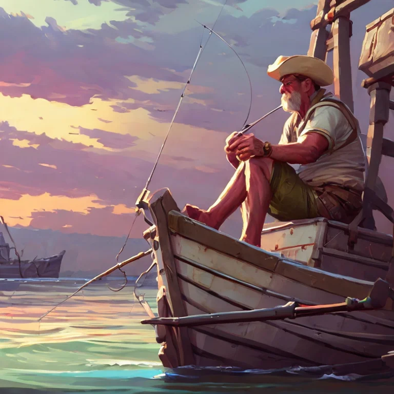A Fisherman Sitting On The Docks Fishing By Fishing Boats Pa...