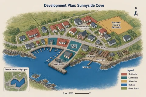 Development Map Plan Of A Newfoundland Outport — Stable Diffusion AI Prompt: development map plan of a Newfoundland outport