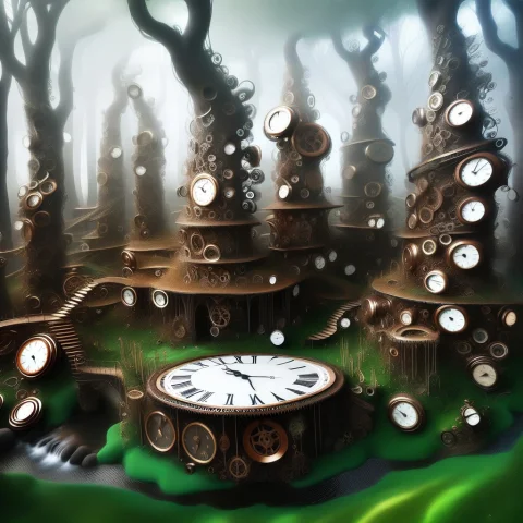 A Dense, Enchanted Forest Where The Trees Are Constructed In... — SDXL AI Prompt: A dense, enchanted forest where the trees are constructed in the Clock_Style. Th...