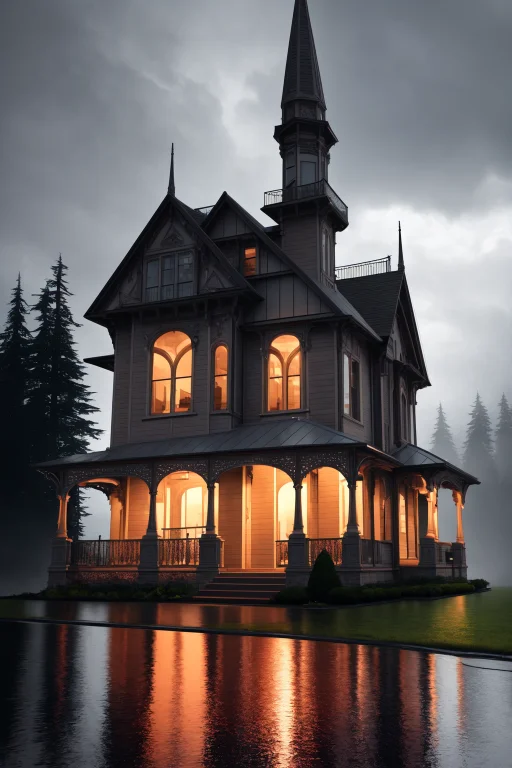 Painterly Style Stunning Victorian House, Heavy Rain, Shadow...
