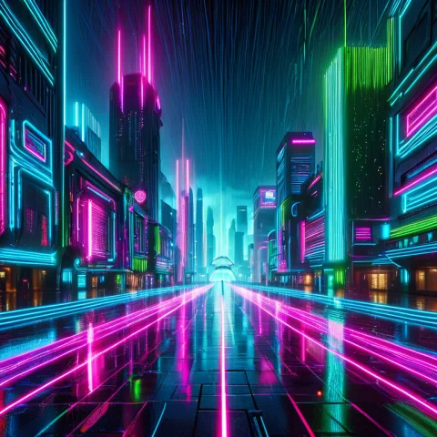 A Vast Cyberpunk City Skyline At Night Seen Across A Rain-sl... — SDXL AI Prompt: a vast cyberpunk city skyline at night seen across a rain-slicked plaza, wide sh...