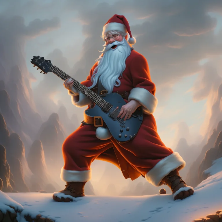Santa Absolutely Shredding A Guitar Solo On A Snowy Rooftop...