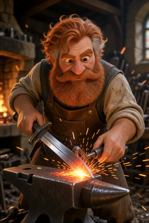 Elderly Male Dwarf Blacksmith, Huge Wild Red And Gray Beard,...