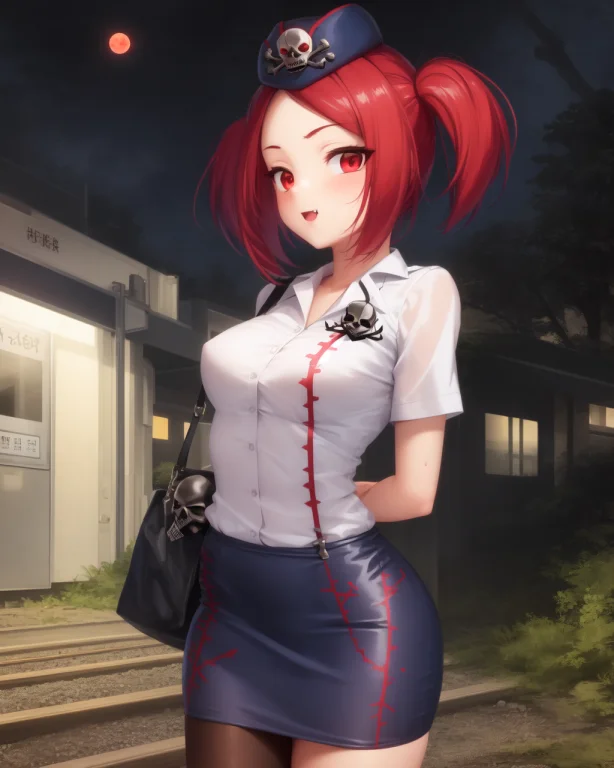 1girl, Solo, Red Hair, Red Eyes, Twintails, Employee Uniform...