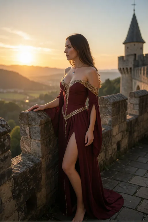 On A Castle Battlement At Sunset, A Woman In A Medieval-insp...