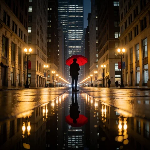 Photograph Of A City Street At Night, Featuring A Person Sta... — Stable Diffusion AI Prompt: Photograph of a city street at night, featuring a person standing in the center...