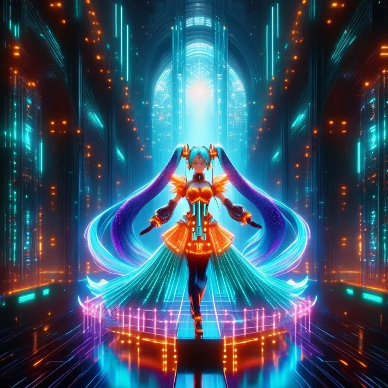 Cinematic Shot Of Hatsune Miku Performing In A Futuristic Cr...