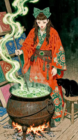 Minimalist Composition, Low Angle Shot Of A Witch With Green... — Stable Diffusion AI Prompt: minimalist composition, low angle shot of a witch with green eyes having brown l...