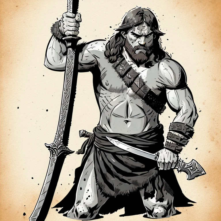 Sketch Of A Barbarian Holding A Sword Above His Head, Angry,...