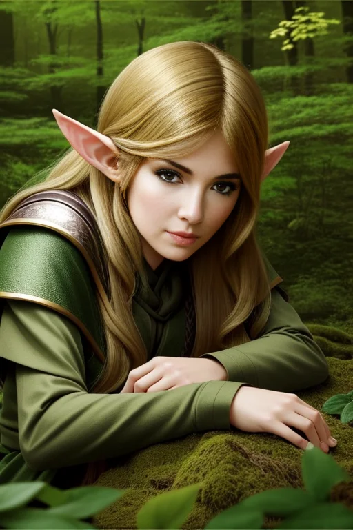 A Beautiful Elven Ranger Crouches In The Woods, Closeup, Gor...
