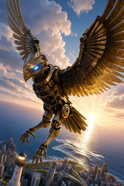 Masterpiece, Best Quality, Gigantic Mechanical Bird, Bronze...