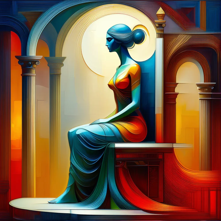 An Abstract Painting Of A Goddess On Her Throne Surrounded B...
