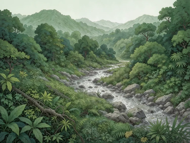 Lush Green Jungle Valley With Stream Rocky Riverbed Mountain...