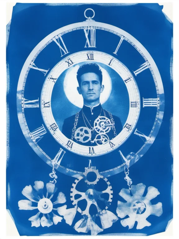 Cyanotype, Double-exposure Portrait Of A Man, Intricate Mech...