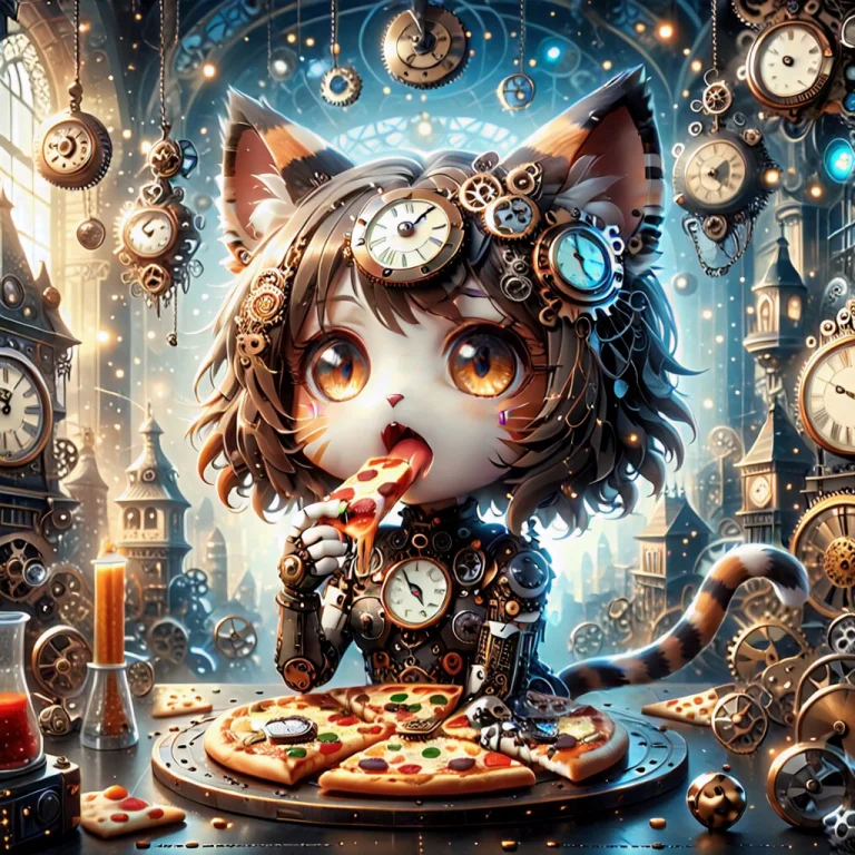 Cute Cat, Open Mouth, Looking At Viewer, Eating A Pizza, Chi...