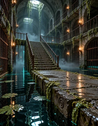 3xpl0r3 Dung30n, Photorealistic, Same Flooded Forgotten Pris... — Stable Diffusion AI Prompt: 3xpl0r3 dung30n, photorealistic, same flooded forgotten prison, diagonal view ac...