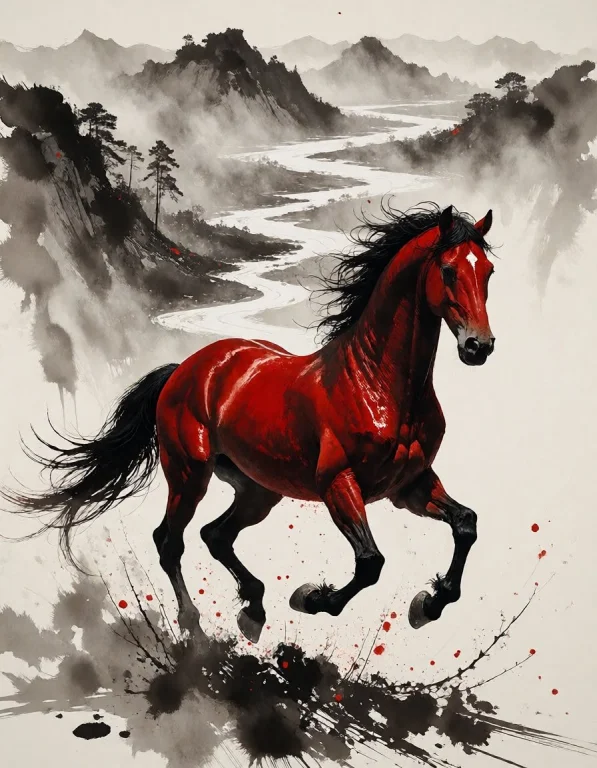 A Horse In Motion Captured Through Calligraphic Strokes, Wit...