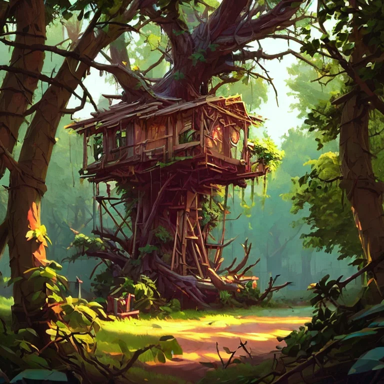 A Dense Forest Canopy With A Tree House And Vines And Oak Tr...