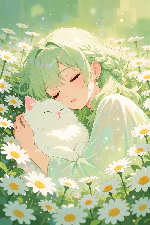 Illusdream, A Serene Young Girl With Wavy, Light Green Hair...