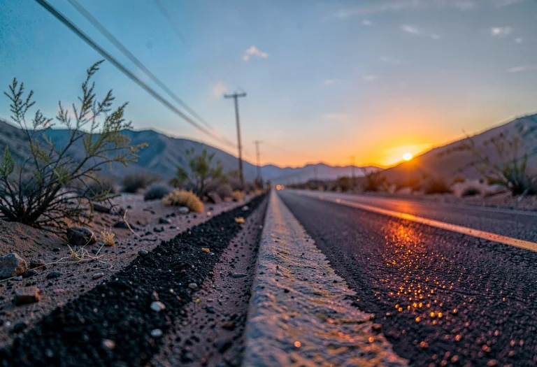A Desert Road Running Straight Into A Sunset, Warm Ambient G...