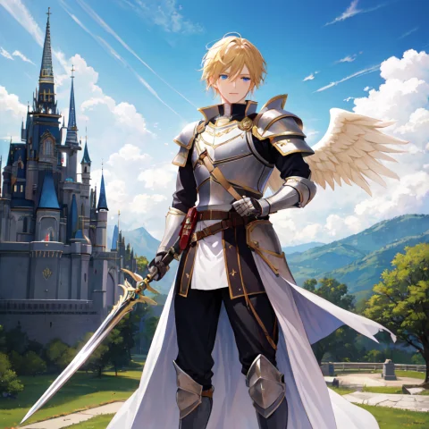Masterpiece, Best Quality, 1boy, Blond Hair, Blue Eyes, Knig... — Stable Diffusion AI Prompt: Masterpiece, best quality, 1boy, blond hair, blue eyes, knight helmet, large ang...