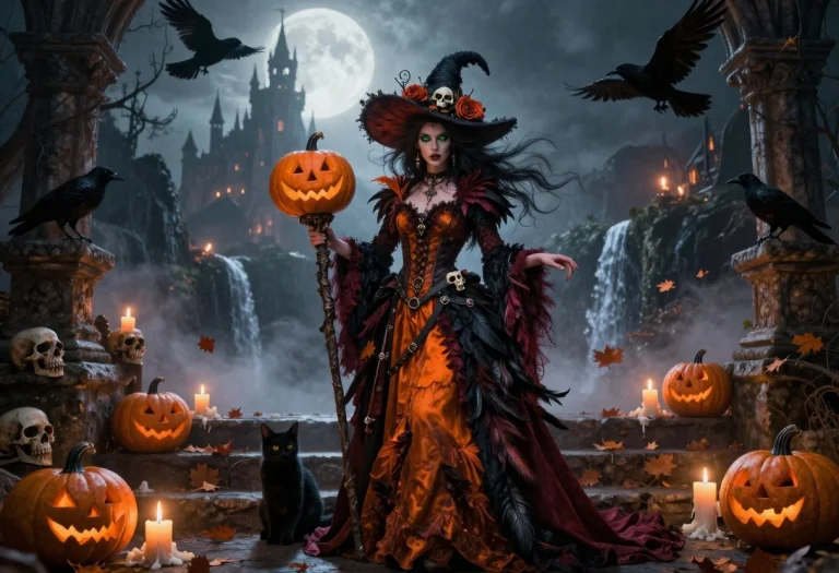 A Dramatic Gothic Halloween Scene A Powerful Witch-queen Sta...