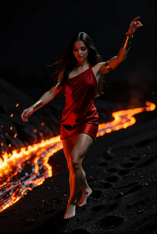 A Young Woman Dances On Black Volcanic Sand Beside A Slow La...