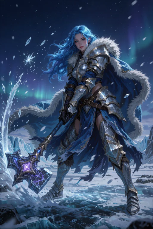 . A Towering, Armored Female Warrior With Radiant Cerulean H...