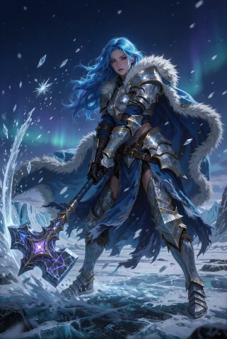 . A Towering, Armored Female Warrior With Radiant Cerulean H... — Stable Diffusion AI Prompt: . **A towering, armored female warrior with radiant cerulean hair cascading like...