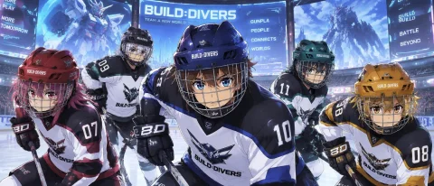 Glossy Colorful Builddivers Anime, Hockey Team Wearing Caged... — Stable Diffusion AI Prompt: glossy colorful Build:Divers anime, hockey team wearing Caged helmets