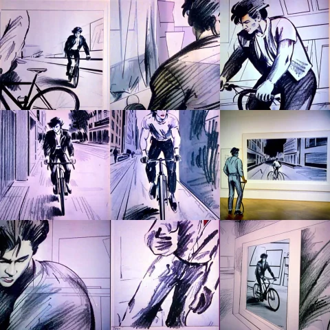 Takeonv2, Drawing Of A Man Riding A Bike In The Street Of Ne... — Stable Diffusion AI Prompt: takeON_v2, drawing of a man riding a bike in the street of New York, details