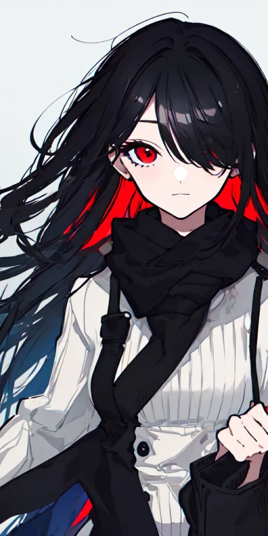 1girl, Black Hair, Long Gair, One Eye Covered, Red Eyes, Lor...