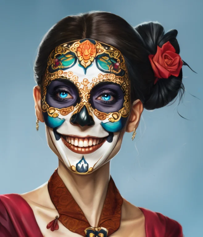 A Close Up Of A Smiling Beautiful Girl Wearing Los Muertos S...