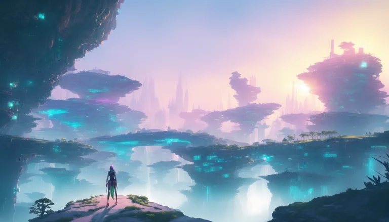 Giant Bright Sunrise, Bamboo River, Waterfall Solarpunk Cybe...