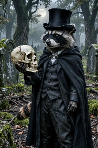 A Realistic Anthropomorphic Raccoon Standing Upright In A Mi... — Stable Diffusion AI Prompt: A realistic anthropomorphic raccoon standing upright in a misty graveyard. The r...